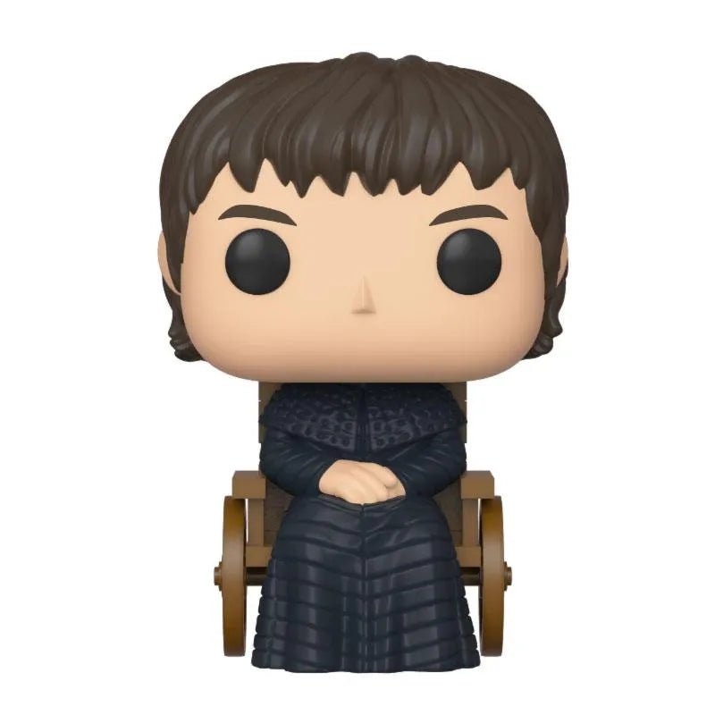 Front view of Funko POP King Bran the Broken figure in a brown wheelchair, wearing a textured black long-sleeved outfit.