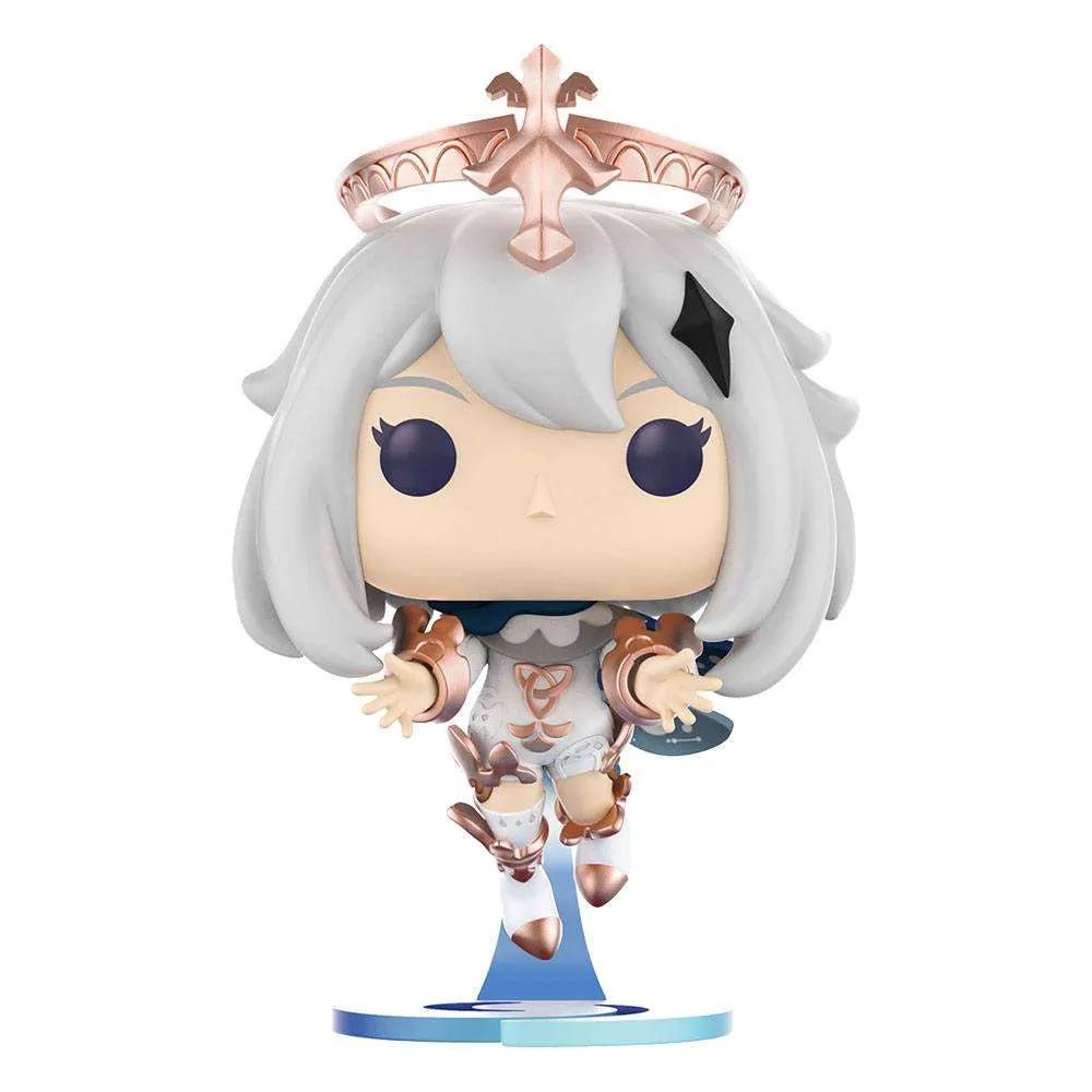 Front view of a 9 cm Funko POP! Paimon vinyl figure from Genshin Impact with white hair and rose gold accents.