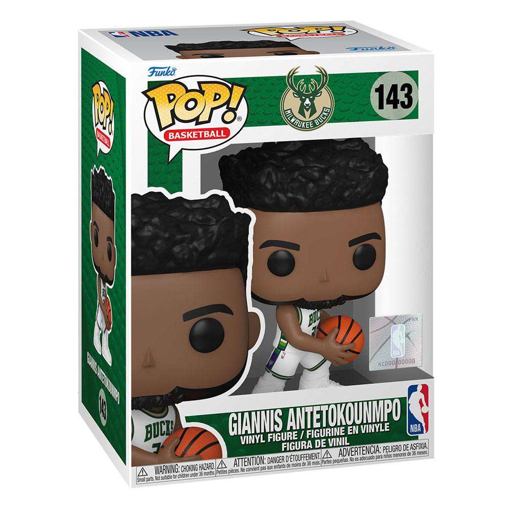 Funko POP! Giannis Antetokounmpo #143 vinyl figure in Milwaukee Bucks 2021 City Edition jersey inside display box.