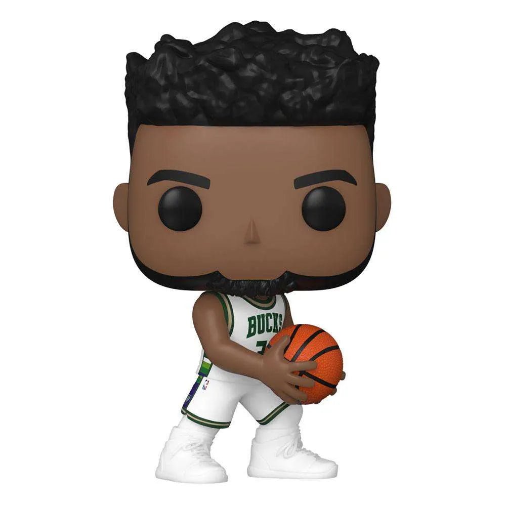 Funko POP! Giannis Antetokounmpo figure wearing a white Milwaukee Bucks 2021 City Edition jersey and holding a basketball.