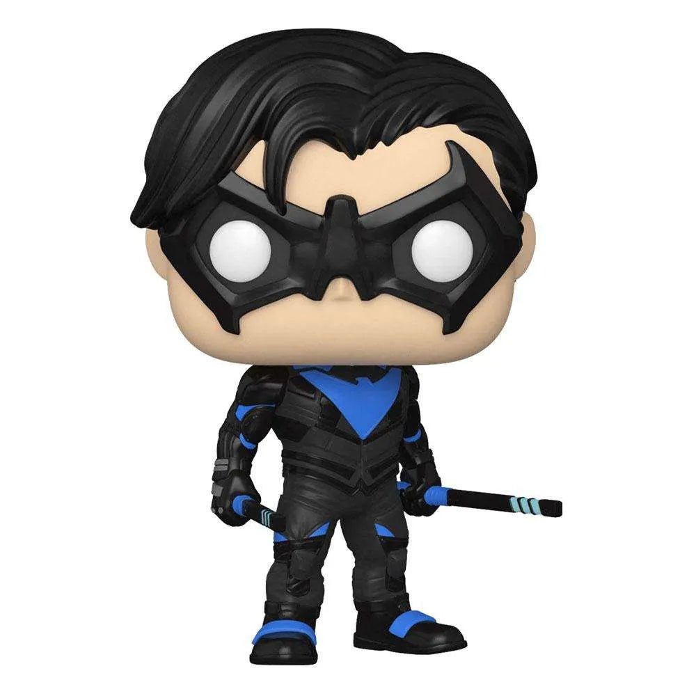 Funko POP! Gotham Knights Nightwing #894 figure in a black and blue tactical suit with a mask and escrima stick.
