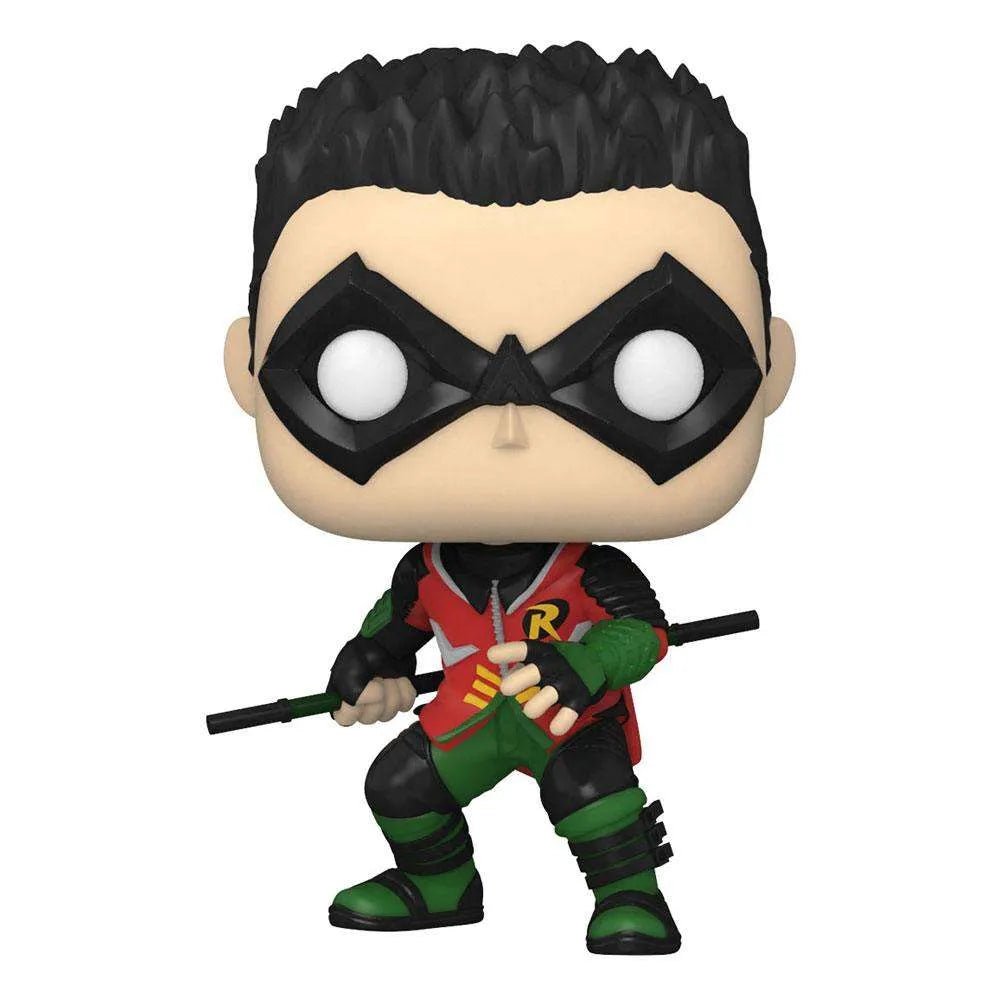 Funko POP! Gotham Knights Robin #892 vinyl figure wearing a red, green, and black suit with a staff in a front view.