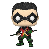 Funko POP! Gotham Knights Robin #892 vinyl figure wearing a red, green, and black suit with a staff in a front view.