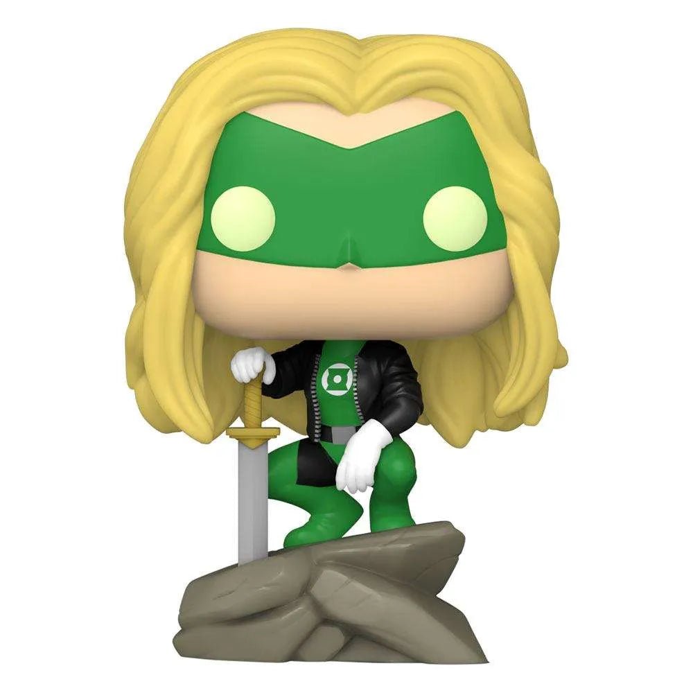 Funko POP! DCeased Green Lantern figure with long blonde hair, green mask, and black jacket, kneeling on a rock base.