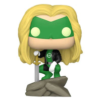 Funko POP! DCeased Green Lantern figure with long blonde hair, green mask, and black jacket, kneeling on a rock base.