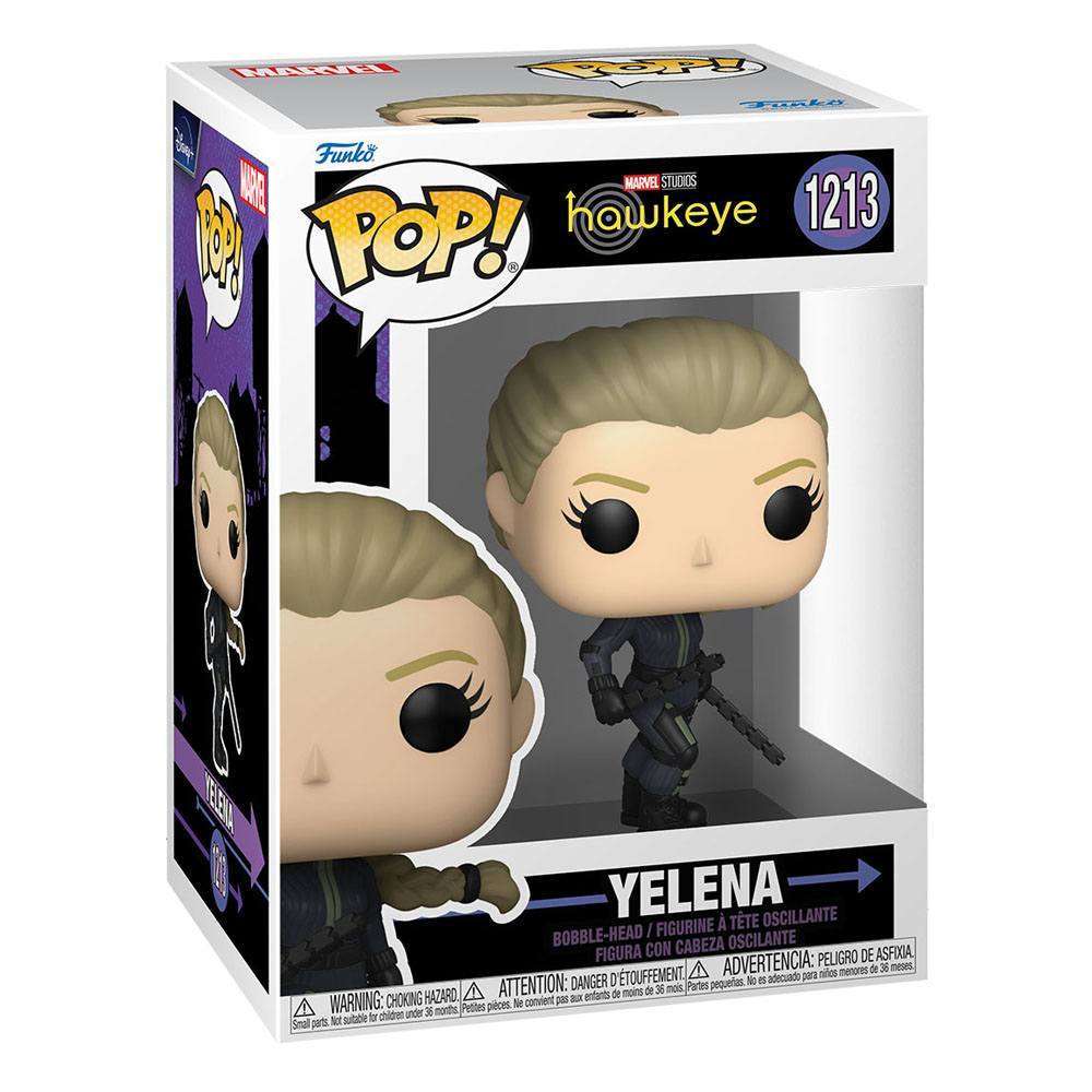 Funko POP Hawkeye Yelena Belova vinyl figure in its branded window display box, showing front and side views.
