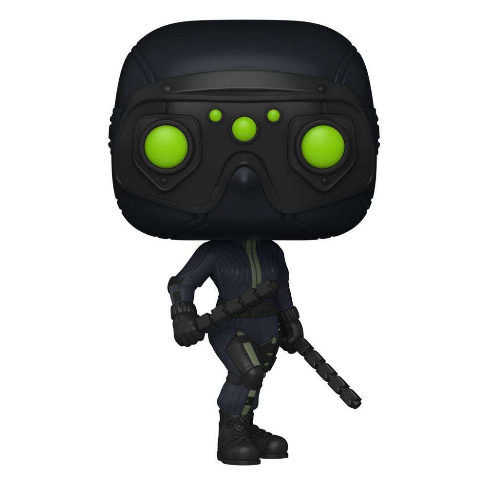 Funko POP Hawkeye Yelena Belova vinyl figure in a black tactical suit with glowing green goggles, front view.