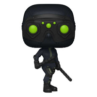 Funko POP Hawkeye Yelena Belova vinyl figure in a black tactical suit with glowing green goggles, front view.