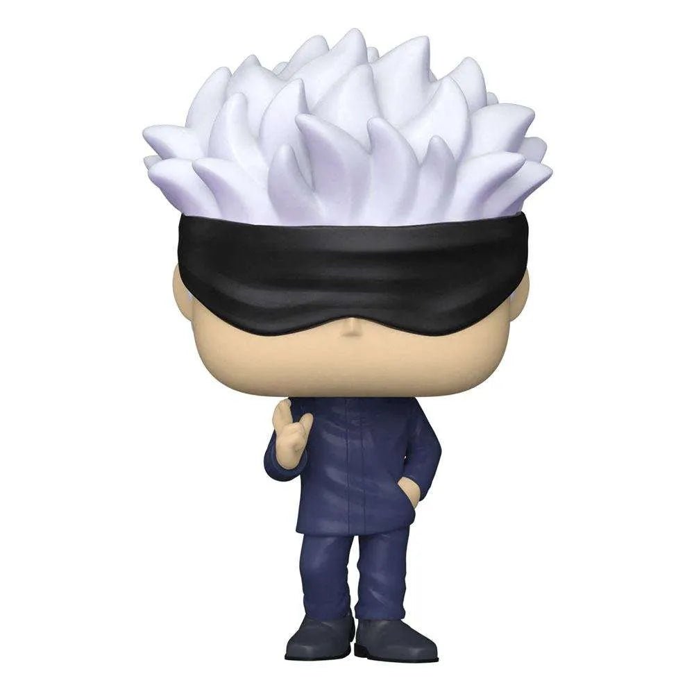 Front view of Funko POP! Satoru Gojo figure with white hair, black blindfold, and dark blue Jujutsu Kaisen uniform.