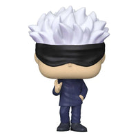Front view of Funko POP! Satoru Gojo figure with white hair, black blindfold, and dark blue Jujutsu Kaisen uniform.