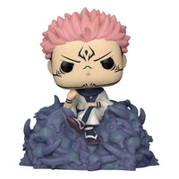 Funko POP! Sukuna on Skulls Deluxe figure featuring pink hair and white robes sitting atop a pile of purple skulls.