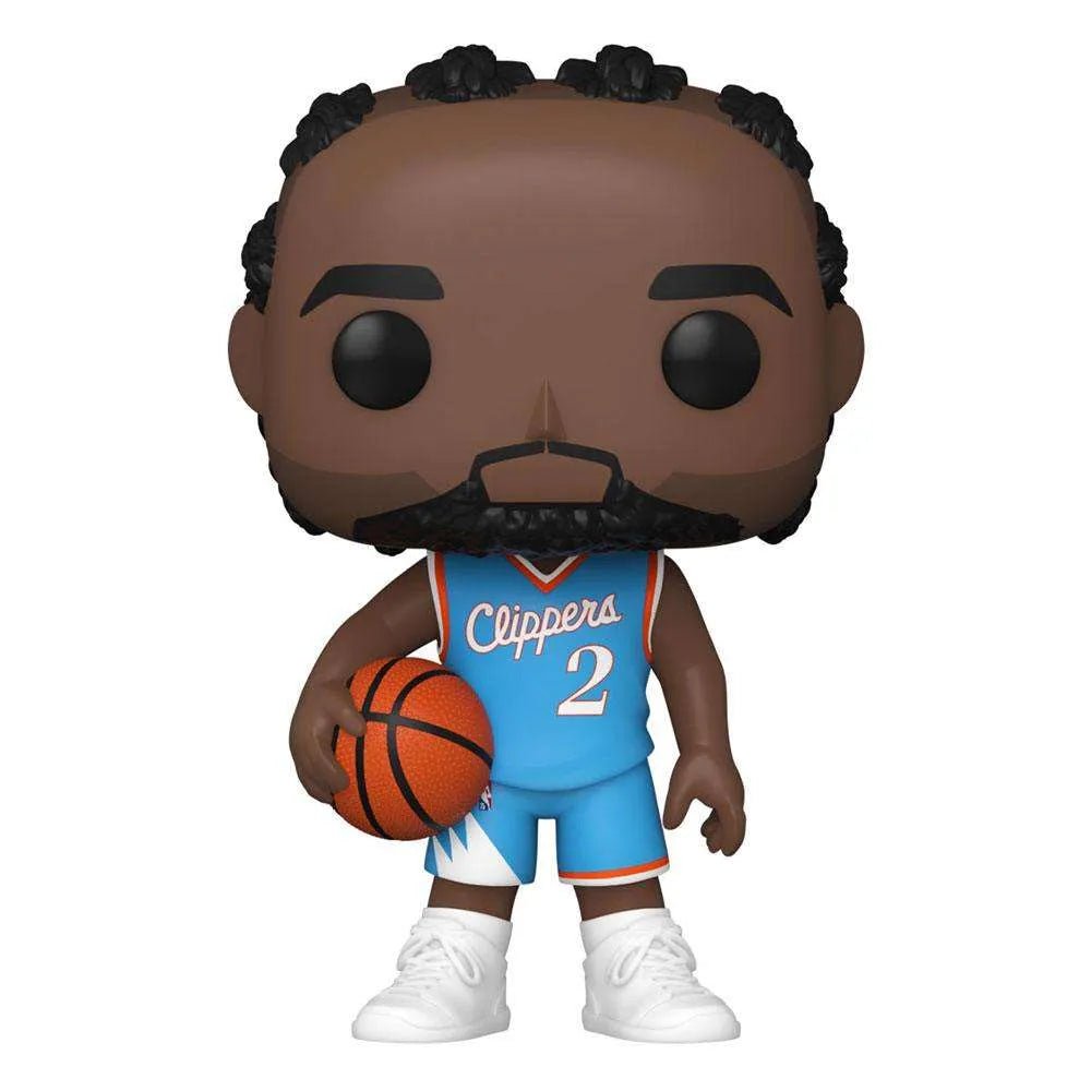 Funko POP! Kawhi Leonard figure in a light blue LA Clippers City Edition jersey holding a basketball.
