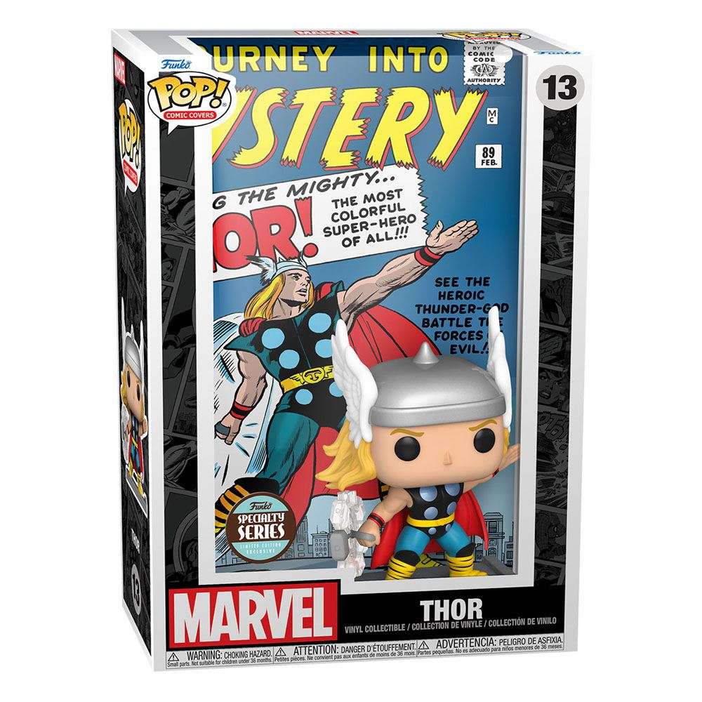 Funko POP! Marvel Comic Cover Classic Thor #13 vinyl figure inside a protective display case with comic art backdrop.