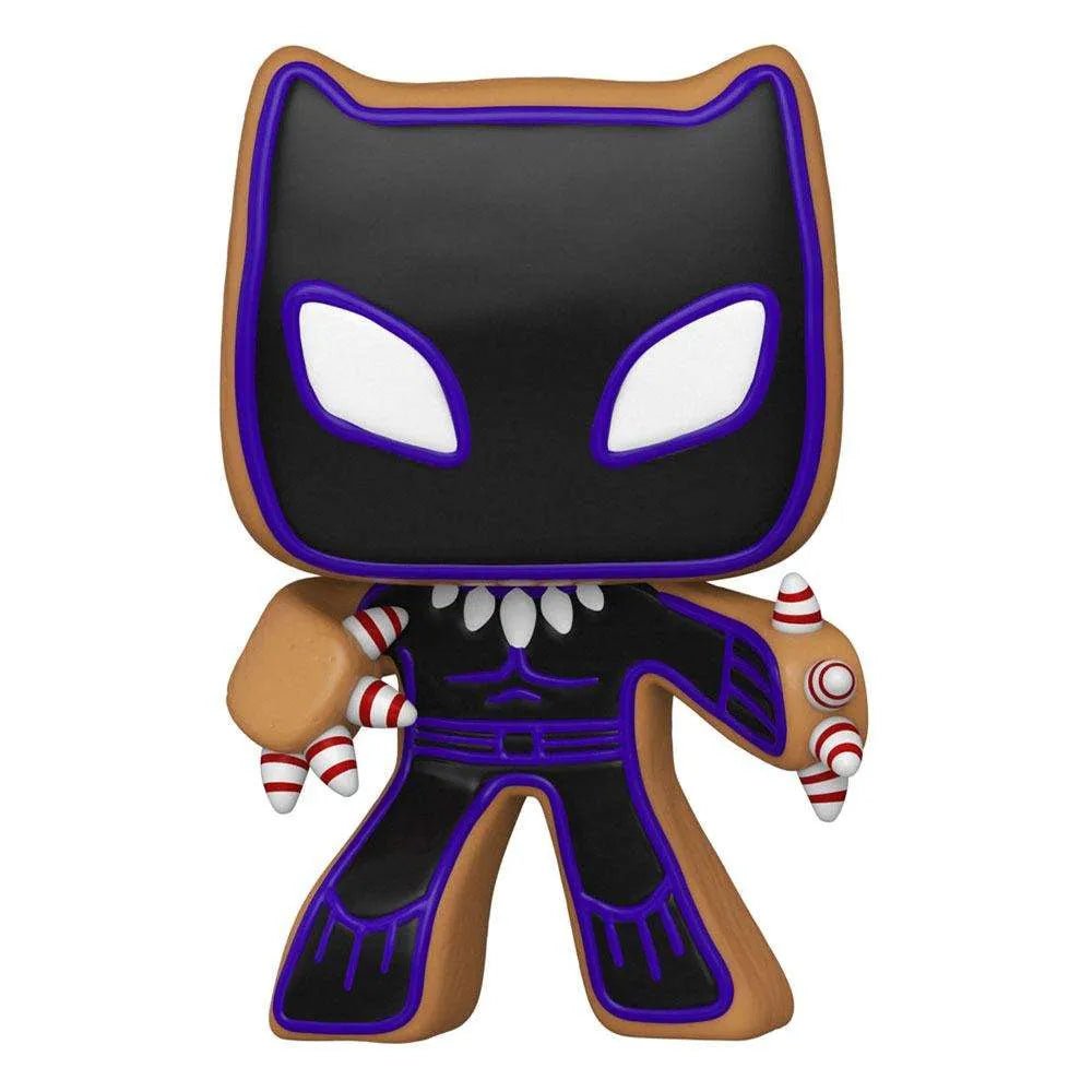 Front view of Funko POP! Black Panther Gingerbread Man vinyl figure with brown cookie texture and purple icing.