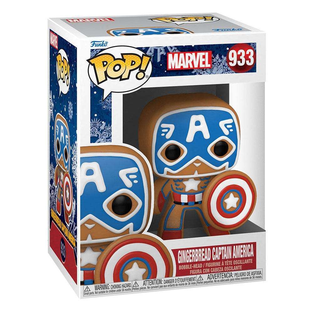 Funko POP! Marvel Holiday Gingerbread Captain America vinyl figure in its branded display box, front view.