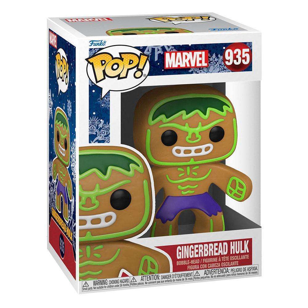 Funko POP! Marvel Holiday Gingerbread Hulk vinyl figure in its branded display box, showing front and side views.