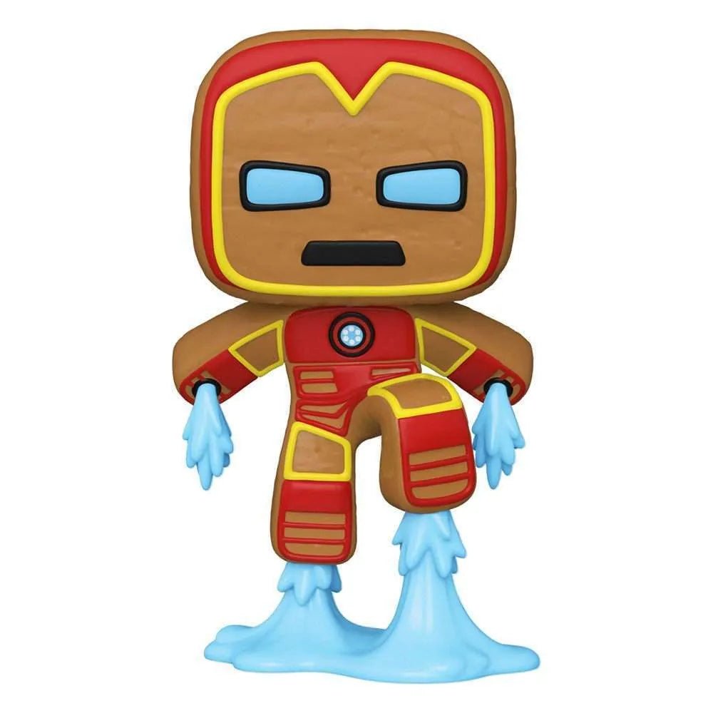 Front view of Funko POP! Iron Man Gingerbread Man vinyl figure with red and brown icing details and blue jet flames.