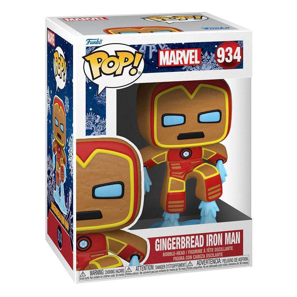 Funko POP! Marvel Holiday Gingerbread Iron Man vinyl figure in its branded display box, front and side view.