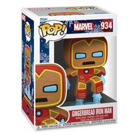 Funko POP! Marvel Holiday Gingerbread Iron Man vinyl figure in its branded display box, front and side view.