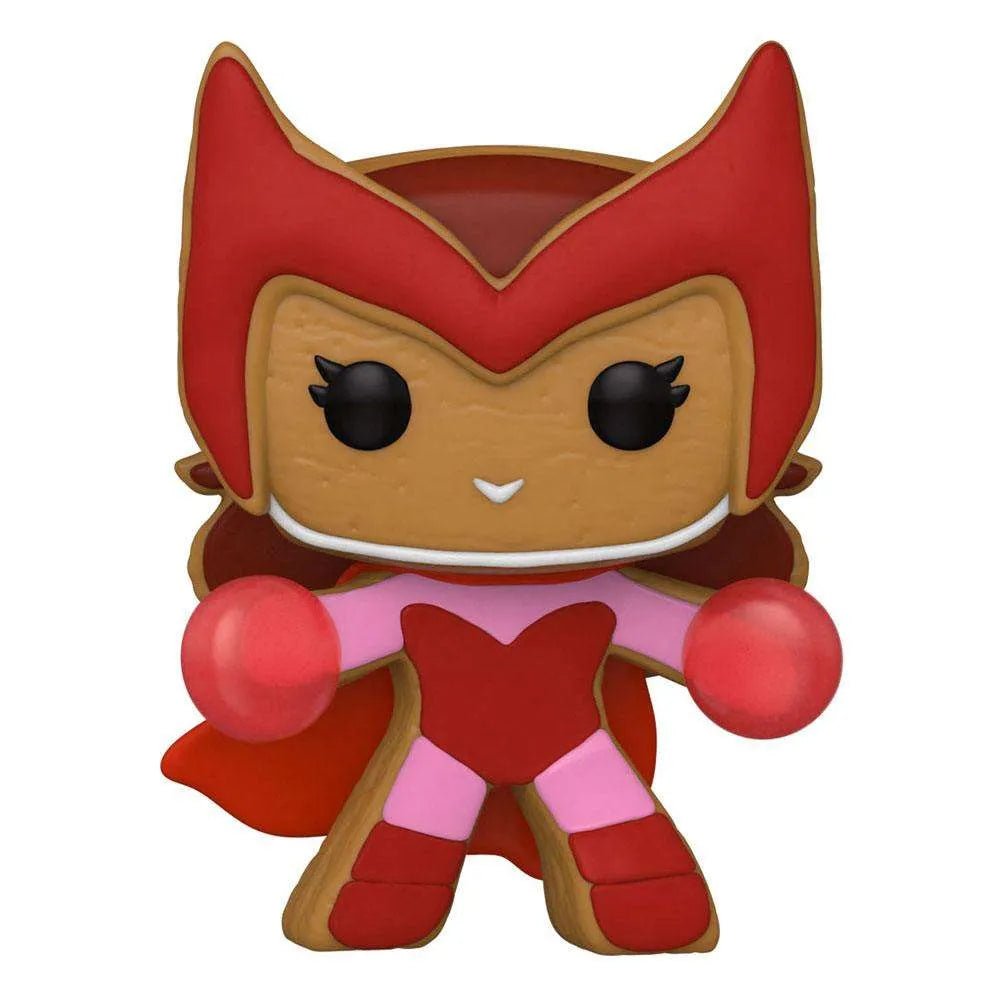 Front view of Funko POP! Scarlet Witch Gingerbread Man vinyl figure with brown cookie texture and red costume.