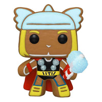 Funko POP! Marvel Thor Gingerbread Man vinyl figure with a light blue helmet, candy cane hammer, and red cape.
