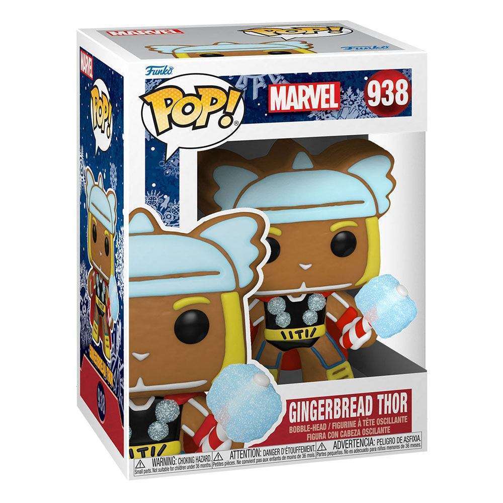 Funko POP! Marvel Gingerbread Thor vinyl figure in its original window display box, showing a festive holiday design.