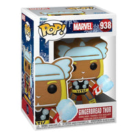 Funko POP! Marvel Gingerbread Thor vinyl figure in its original window display box, showing a festive holiday design.