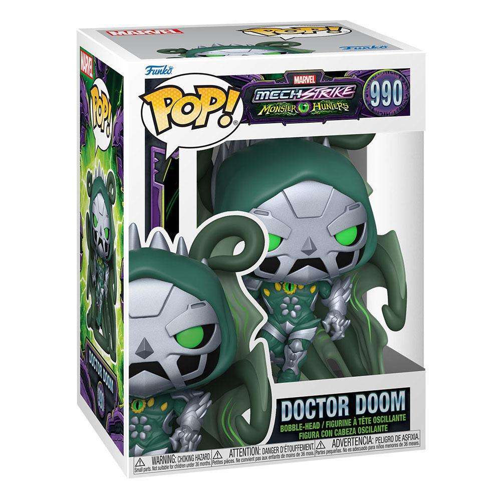 Funko POP! Doctor Doom #990 vinyl figure in Mech Strike: Monster Hunters packaging, showing the green and grey robot.