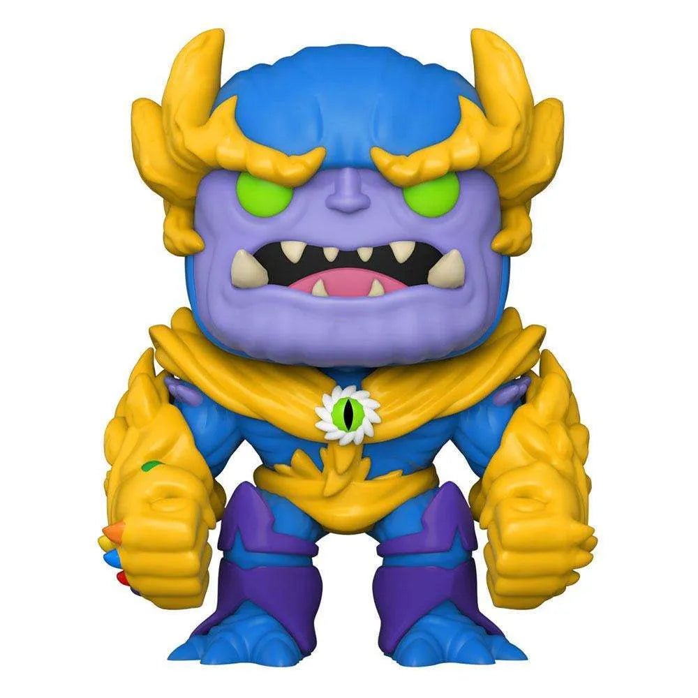 Front view of Funko POP! Marvel Mech Strike Thanos #993, a blue and purple monster figure with yellow armor and eyes.