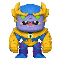 Front view of Funko POP! Marvel Mech Strike Thanos #993, a blue and purple monster figure with yellow armor and eyes.