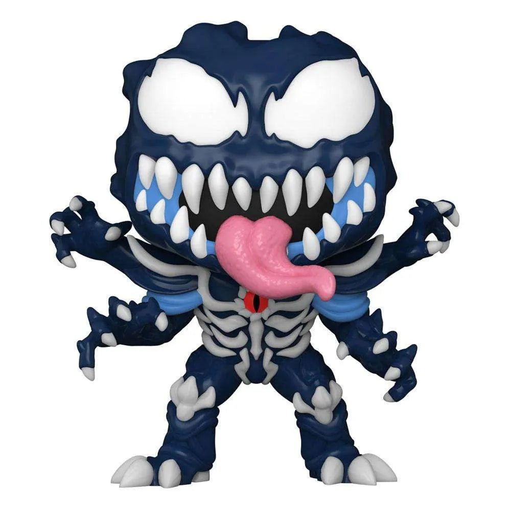 Funko POP! Venom Monster Hunters vinyl figure with four arms, blue armor, white skeleton details, and a long pink tongue.