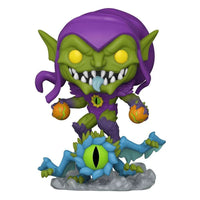 Funko POP! Monster Hunters Green Goblin vinyl figure with purple hood, glowing yellow eyes, and a creature base.