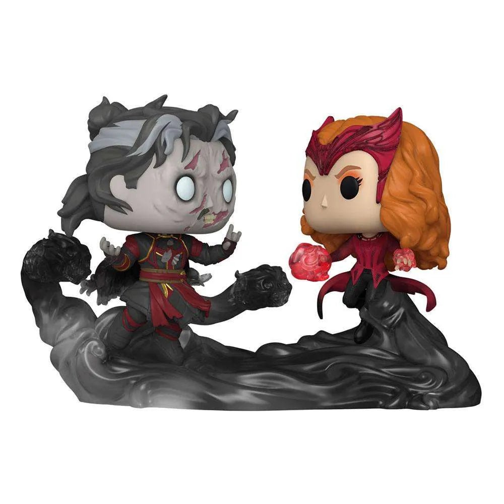 Funko Pop Moment Dead Strange and Scarlet Witch figures in a dynamic battle pose with dark energy effects.