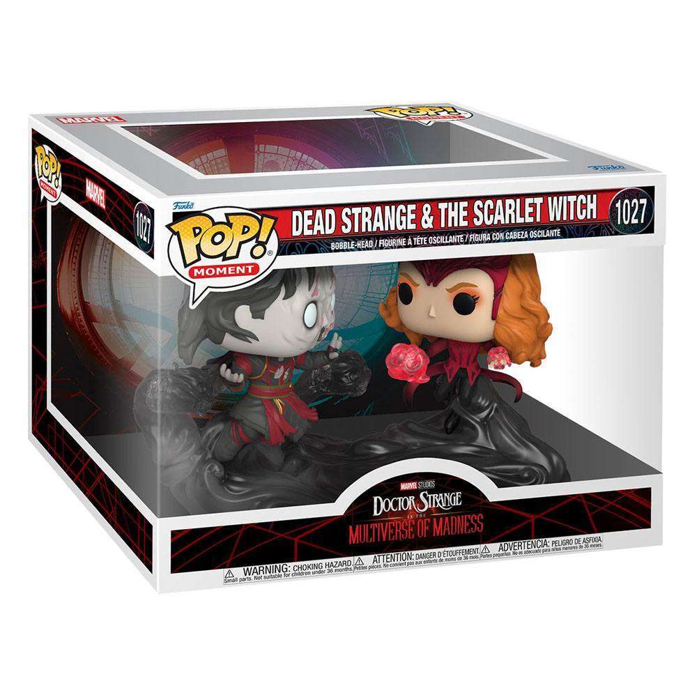 Funko Pop Moment Dead Strange and Scarlet Witch figures in display box packaging from Doctor Strange Multiverse of Madness.