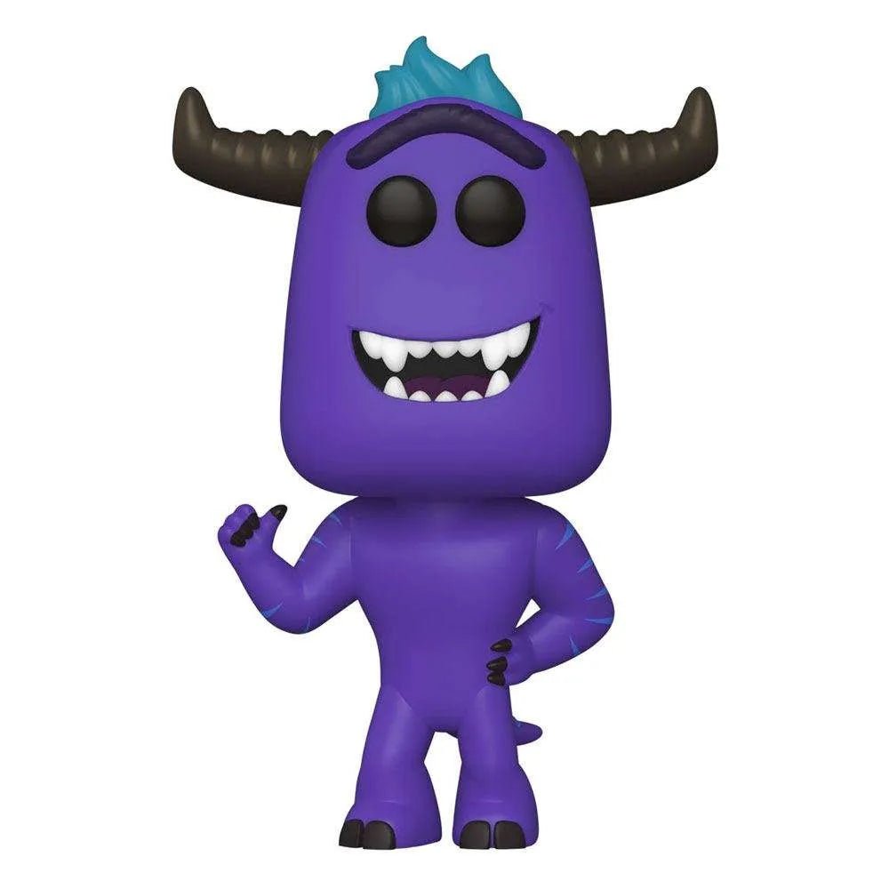Front view of a purple Funko POP Monsters At Work Tylor Tuskmon vinyl figure with blue hair and dark curved horns.
