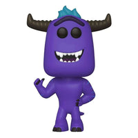 Front view of a purple Funko POP Monsters At Work Tylor Tuskmon vinyl figure with blue hair and dark curved horns.