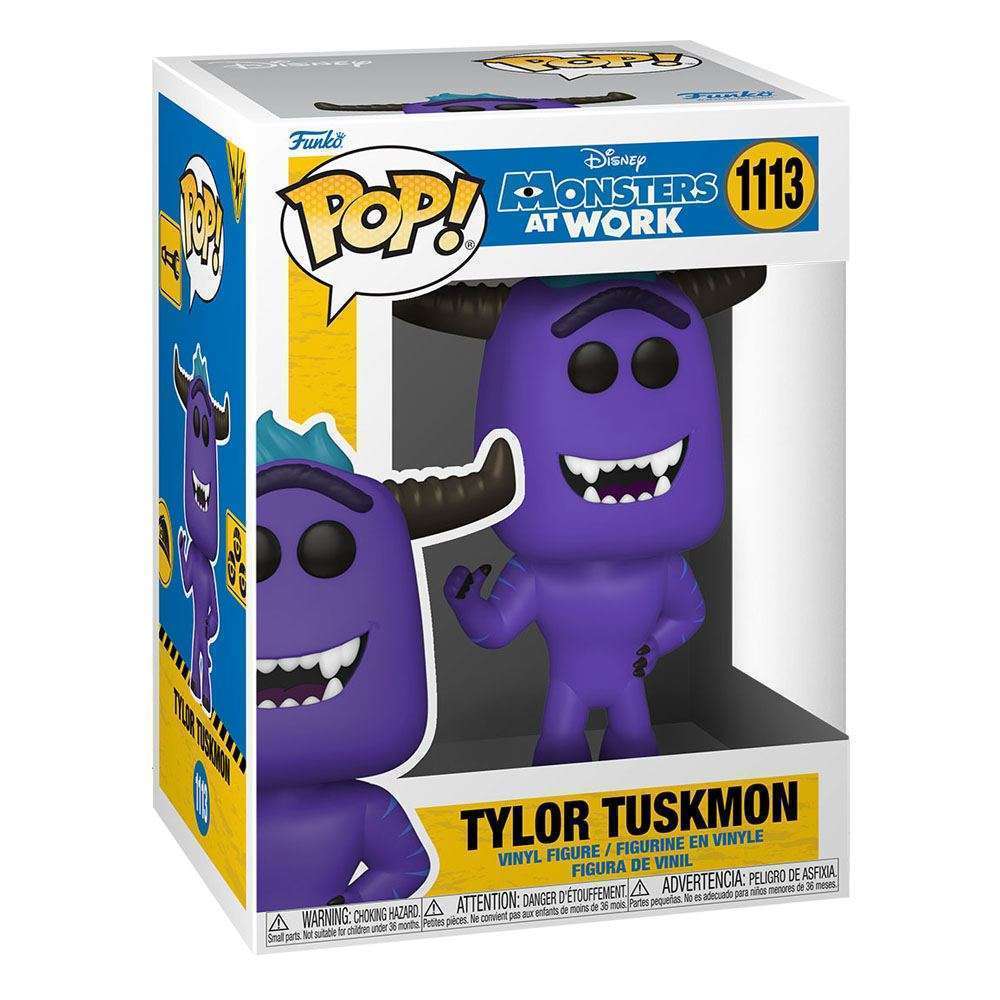 Funko POP Monsters At Work Tylor Tuskmon vinyl figure in its branded display box, showing front and side views.