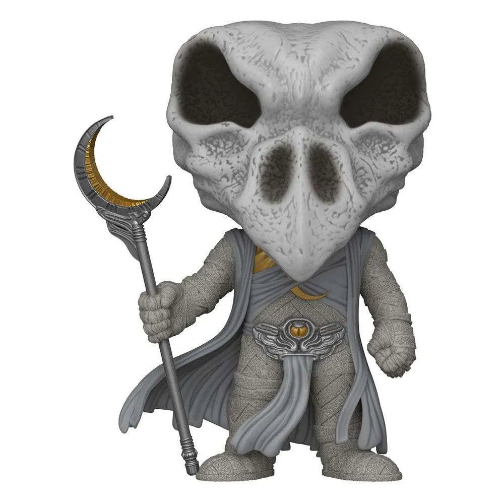 Funko POP! Khonshu figure from Moon Knight featuring a textured bird skull mask, grey mummy wrappings, and gold staff.