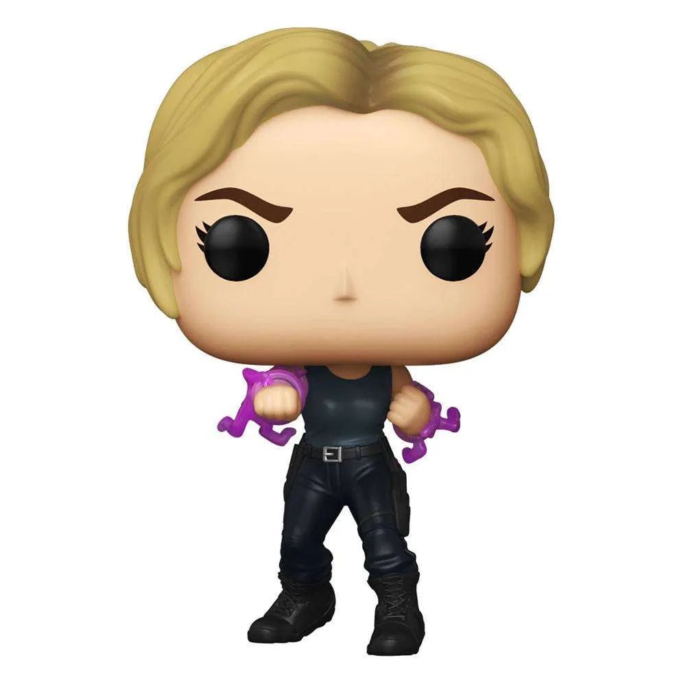 Funko POP Sonya Blade vinyl figure from Mortal Kombat (2021) featuring blonde hair and purple energy rings.