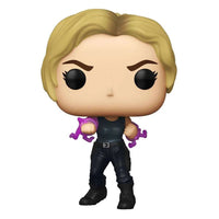 Funko POP Sonya Blade vinyl figure from Mortal Kombat (2021) featuring blonde hair and purple energy rings.