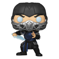 Funko POP Mortal Kombat Sub-Zero vinyl figure with a black mask, blue textured armor, and an ice effect in his hand.