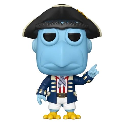 Funko Pop! vinyl figure of Captain Abo, a blue fish character dressed in a historical navy blue colonial coat with white shorts, a red striped tie, and a black tricorn hat, standing against a plain white background.