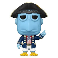 Funko Pop! vinyl figure of Captain Abo, a blue fish character dressed in a historical navy blue colonial coat with white shorts, a red striped tie, and a black tricorn hat, standing against a plain white background.