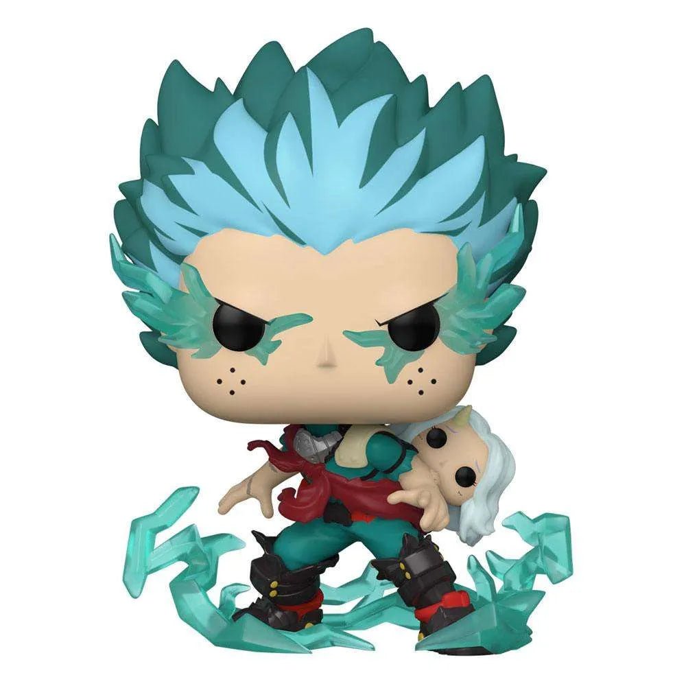 Front view of Funko POP! Infinite Deku with Eri vinyl figure featuring teal energy effects and a green hero suit.