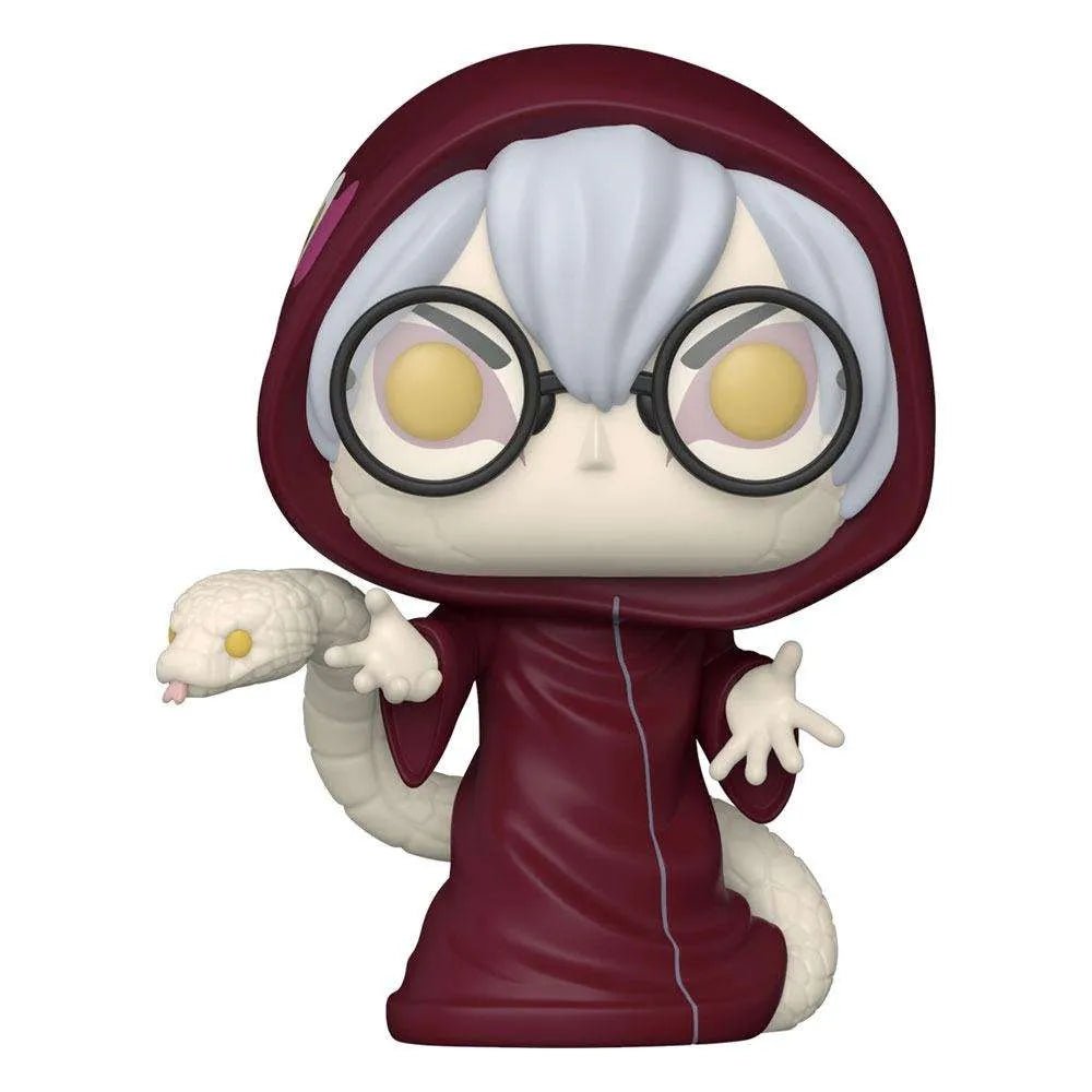 Funko POP Kabuto Yakushi vinyl figure in a maroon hooded robe with white hair, glasses, and a white snake companion.