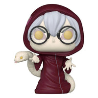 Funko POP Kabuto Yakushi vinyl figure in a maroon hooded robe with white hair, glasses, and a white snake companion.
