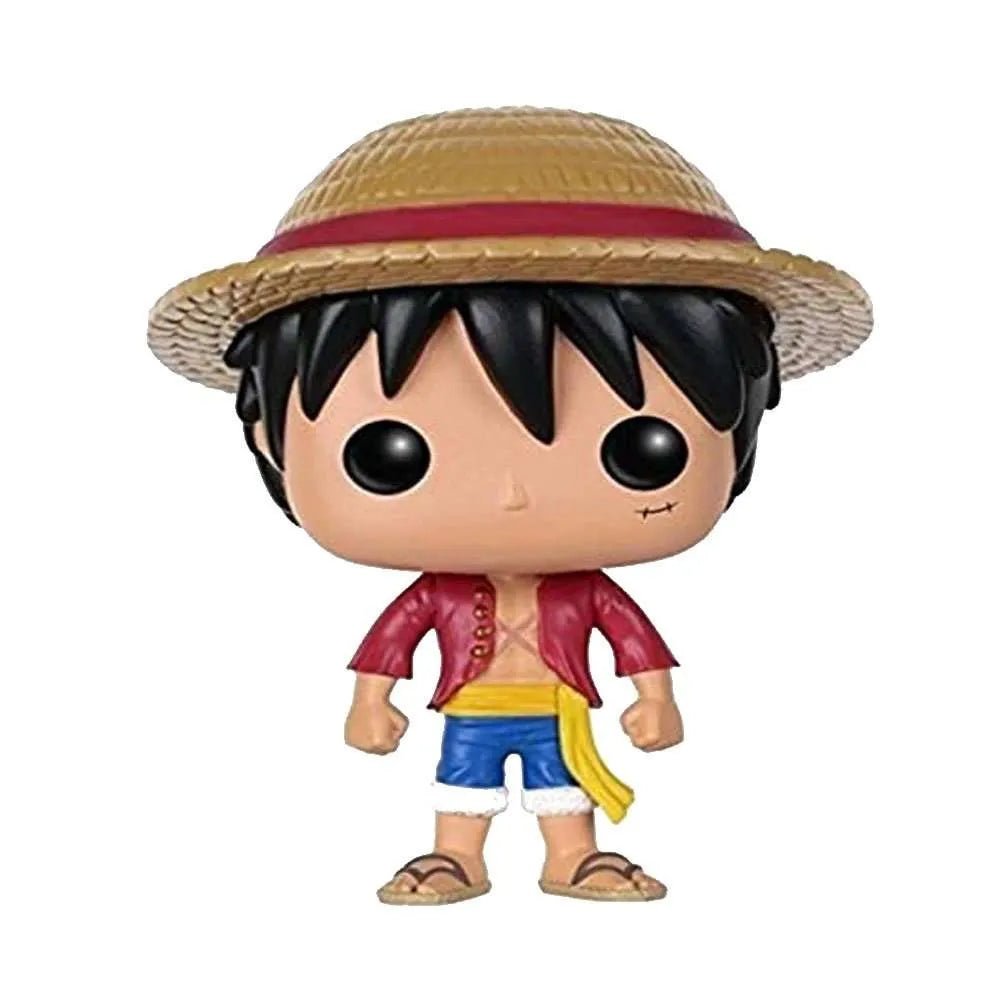 Front view of Funko POP Monkey D. Luffy vinyl figure wearing his signature straw hat, red vest, and blue shorts.
