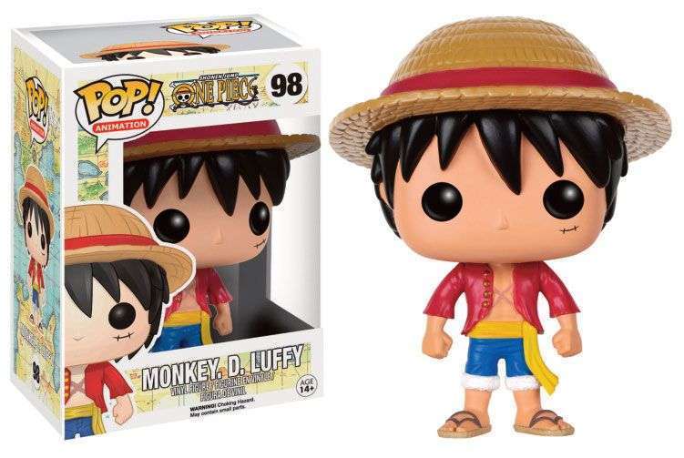 Funko POP Monkey D. Luffy #98 vinyl figure wearing a straw hat and red vest, shown with its branded display box.