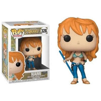 Funko POP! One Piece Nami #328 vinyl figure featuring orange hair, a teal bikini top, and blue jeans with a staff.