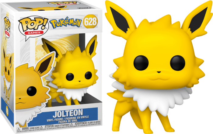 Funko POP! Pokemon Jolteon #628 vinyl figure featuring bright yellow fur and a white collar, shown with its display box.